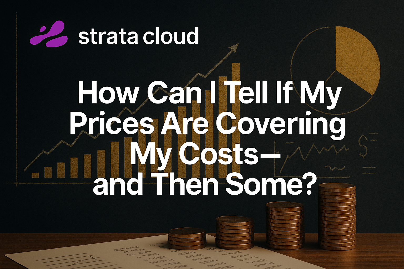 Dark financial chart background with coins stacks, Strata Cloud logo and article title centered.